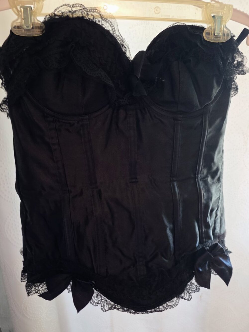 Black Satin Corset with Lace Trim, Lace up Back and Eyelet Closure